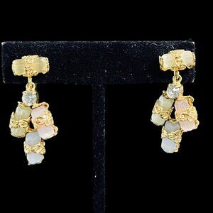 Vintage Gold Tone With Pastel Glass Crystals Dangle Screw Back Earrings (5288)